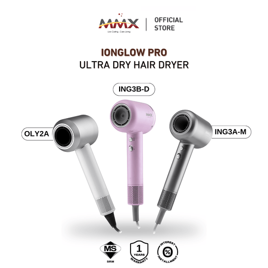 MMX IonGlow Pro: Ultra Dry Hair Dryer with 10M Negative Ions & 110,000 RPM Motor (Pink/Grey/White)